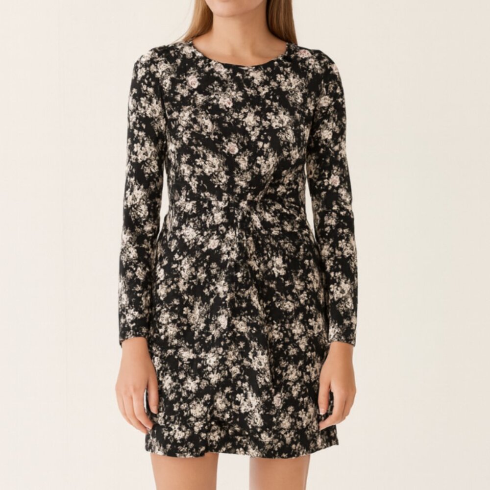 Club Monaco Black Floral Silk Wrap Dress Women’s Size 4 Lined Long Sleeve